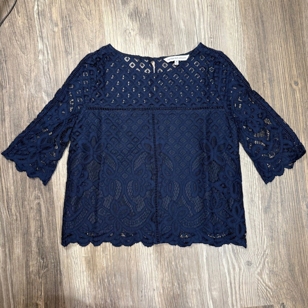 Cupcakes and Cashmere Navy Blue Floral Lace 3/4 Sleeve Blouse Feminine Office M